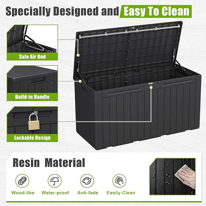 Flamaker Resin Deck Box 100 Gallon Large Lockable Outdoor Storage Box Waterproof for Patio Cushions, Tools, Pool Accessories (Black) - Image 4