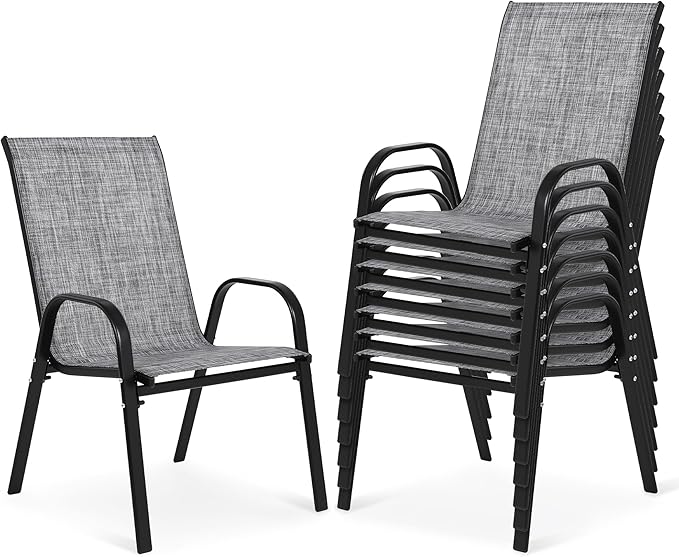 Outdoor Stackable Chairs Set of 8, Stacking Patio Chairs with Textilene Fabric, Outside Furniture for Garden Backyard Balconie Poolside Deck, Grey by Villeston