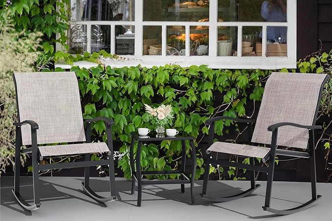 Vongrasig 3 Piece Outdoor Rocking Bistro Set, Textilene Fabric Small Patio Furniture Set, Front Porch Rocker Chairs Conversation Set with Glass Table for Lawn, Garden, Balcony, Poolside (Taupe) - Image 8