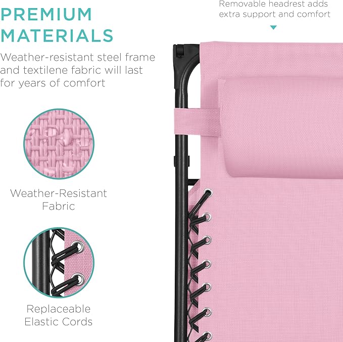Best Choice Products Folding Zero Gravity Outdoor Recliner Patio Lounge Chair w/Adjustable Canopy Shade, Headrest, Side Accessory Tray, Textilene Mesh - Bubblegum Pink - Image 5