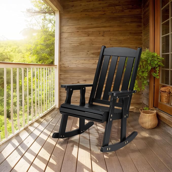 VINGLI Heavy Duty 600 LBS Outdoor Wooden Rocking Chair with Higher Backrest,Patio Rocking Chair with Ergonomic Design, Weatherproof Outdoor Rockers Suit for Patio, Garden, Balcony, Yard, Black - Image 2