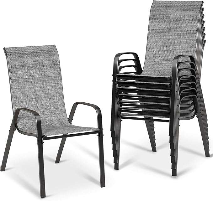 MAMIZO Patio Dining Chairs, Stackable All Weather Teslin Chair, Heavy Duty Outdoor Breathable Chairs Set, w/Armrests, Upgraded Chair FeetW/Strenthened Iron Spacers, 330 LBS (8, Grey) by MAMIZO