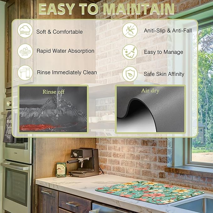 Dish Drying Mat Spring Flower Kitchen Mat 16"x24" Bsorbent Coffee Maker Mat - Image 6
