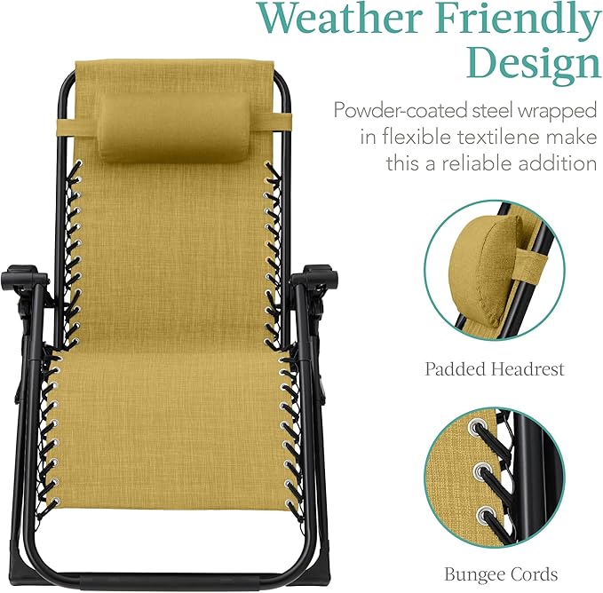 Best Choice Products Oversized Zero Gravity Chair, Folding Outdoor Patio Recliner, XL Anti Gravity Lounger w/Removable Cushion, Cup Holder, Side Tray, 350lb Capacity - Sunflower Yellow - Image 4