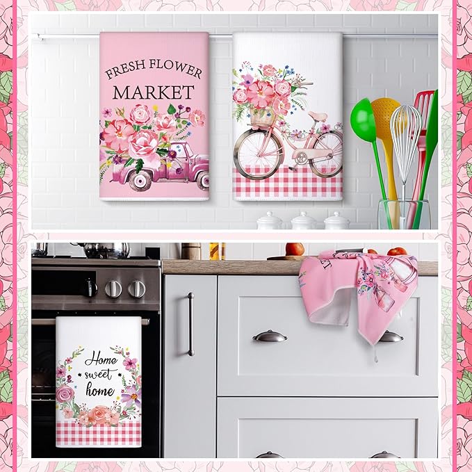 Geyoga 6 Pcs Spring Floral Kitchen Towels Flamingo Dish Hand Towels Sunflower - Image 4