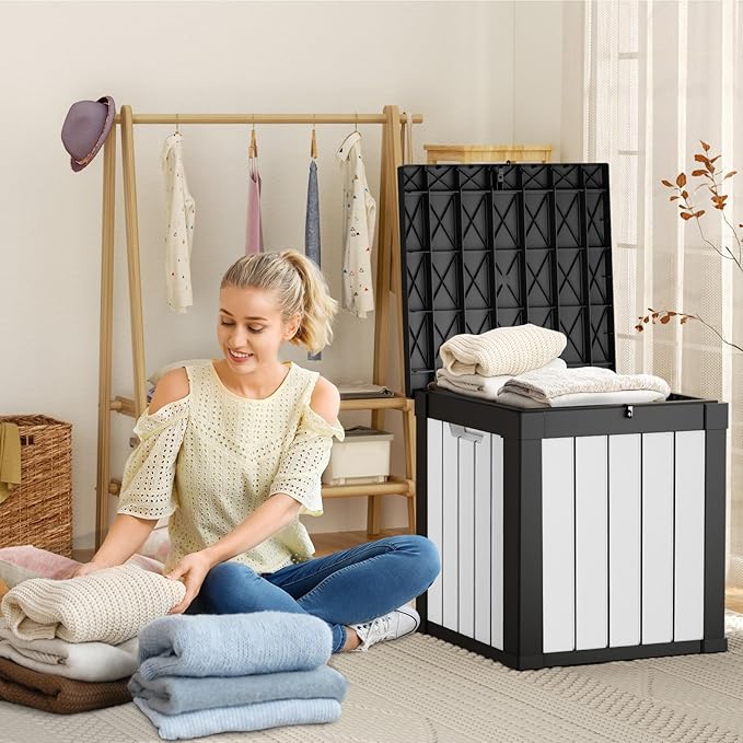 ROJIK Outdoor Storage Housing Deck Box - Waterproof Patio Furniture, Garden Tools, Cushions, Pool Accessories Storage Bench with Lockable Lid and Side Handles (Black & Whiter, 50 Gal) - Image 7