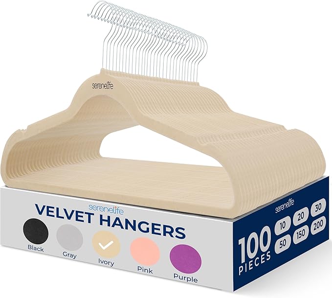 SereneLife 100 Pack Velvet Non-Slip Heavy Duty Adult Hangers – Ultra-Thin Space by SereneLife