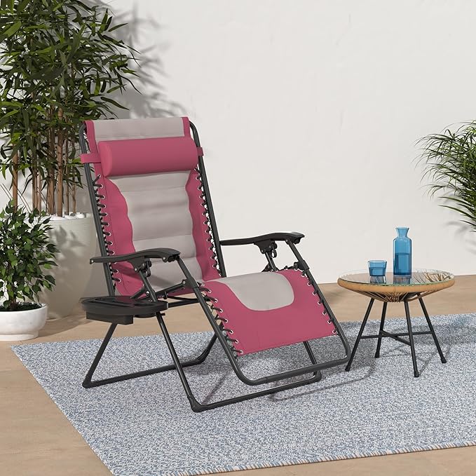 Best Choice Products Oversized Padded Zero Gravity Chair, Folding Outdoor Patio Recliner, XL Anti Gravity Lounger for Backyard w/Headrest, Cup Holder, Side Tray, Polyester Mesh - Pink/Taupe - Image 2