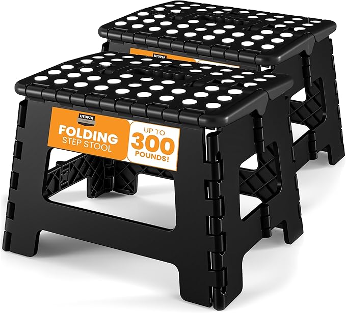 Utopia Home Folding Step Stool with Handle – 9 Inch Anti Slip Collapsible Stool – Holds Up to 300 lbs – Sturdy Plastic Step Stool Foldable for Kitchen, Bathroom and Home Use (2-Pack, Black) by UTOPIAHOME
