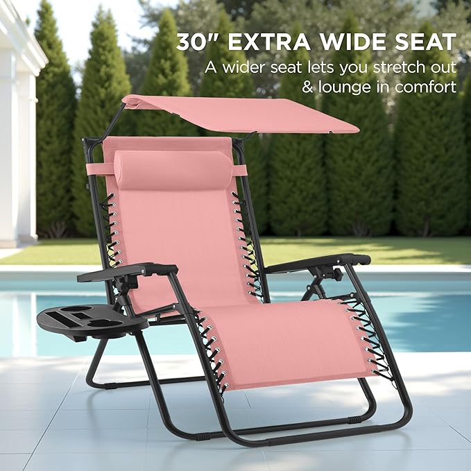 Best Choice Products 30” Wide Folding Zero Gravity Outdoor Recliner Patio Lounge Chair w/Adjustable Canopy Shade, Headrest, Side Accessory Tray - Pink - Image 3