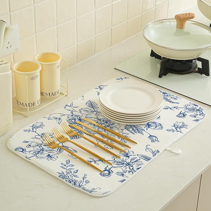 Blue Floral Dish Drying Mats 18x24 Inch Blue and White Chinoiserie Flower - Image 3