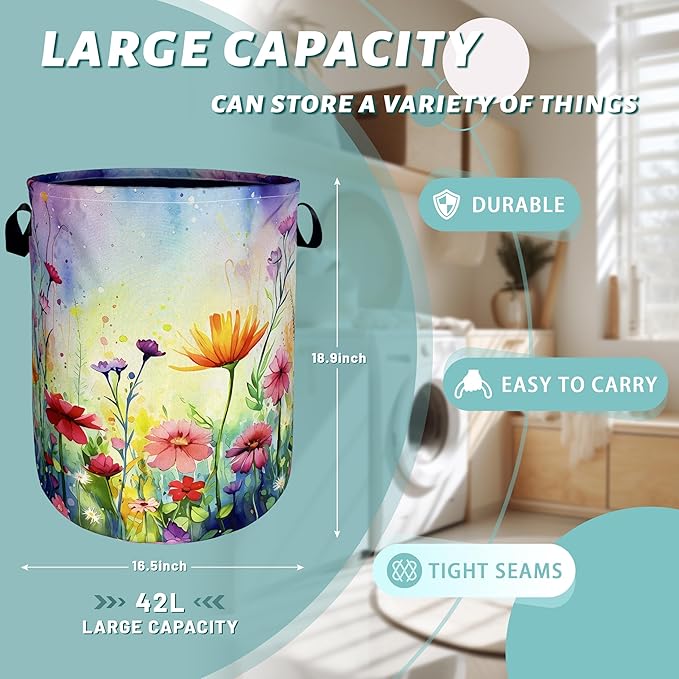Watercolor Flowers Laundry Basket Wildflower Foldable Funny Laundry Hamper - Image 2
