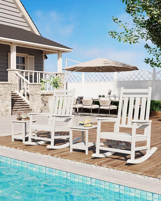 HDPE Rocking Chair Outdoor Set of 4 with 2 Side Table - Poly High Back Porch Rocker Chairs for Adults - All Weather Resistant Furniture for Patio Front Porch - White - Image 7