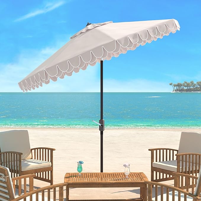 SAFAVIEH 9ft Outdoor Patio Umbrella, Round, Valance, Beige & White Trim, Auto Crank Tilt, UV Resistant for Deck, Backyard, Poolside (PAT8006C) - Image 2