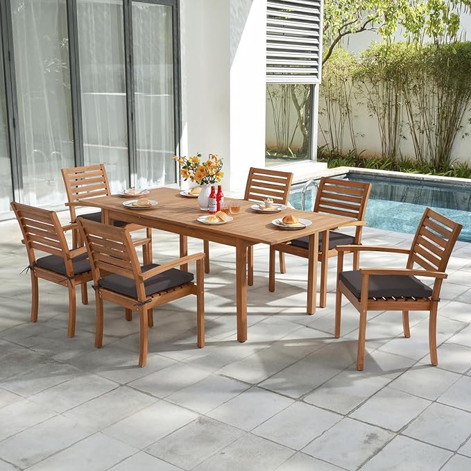 OC Orange-Casual Stackable Patio Dining Chairs Set of 6, Outdoor Acacia Wooden Chairs w/Armrest & Removeable Fabric Cushion, for Porch, Backyard, Garden, Indoor, Dark Grey - Image 6