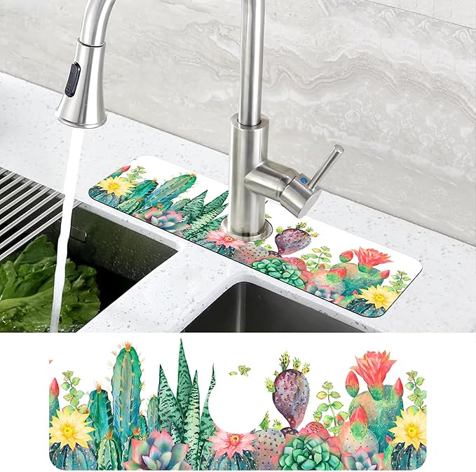 Watercolor Cactus Floral Sink Faucet Absorbing Mat Sink Splash Guard Faucet Mat - Image 4
