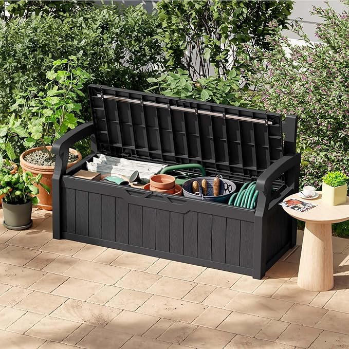 Patiowell 75 Gallon Plastic Storage Bench, Water-Resistant Deck Box for Patio Furniture, Garden Tools, Pool Storage and Outdoor Cushions, Black - Image 2