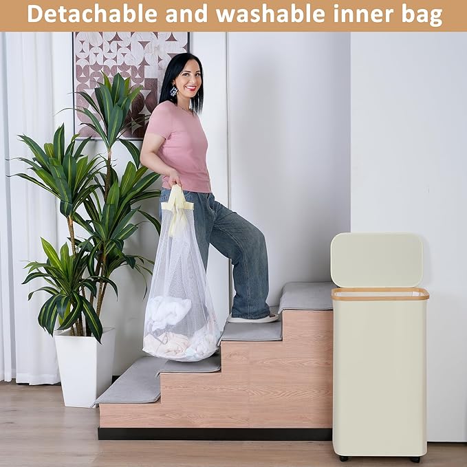Laundry Basket with Wheels, 75L Beige Clothes Hamper - Image 3