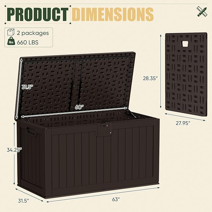 JUMMICO 250 Gallon Outdoor Resin Deck Box with Divider, Waterproof Storage Box with Lockable Lid&Side Handles for Garden Tools, Pools Supplies (Brown) - Image 5