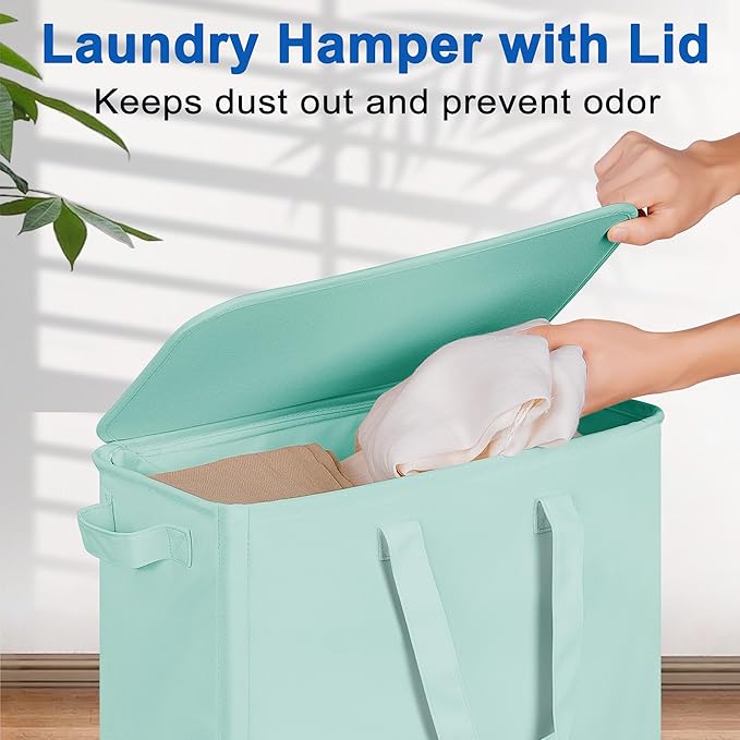 Slim Laundry Hamper with Lid and Wheels, Small Rolling Laundry Basket with - Image 3