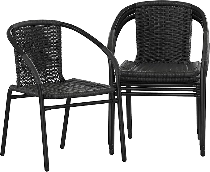 Flash Furniture Lila Modern Rattan Indoor/Outdoor Stackable Dining Chairs, Stacking Rattan Bistro Chairs for Patio or Restaurant, Set of 4, Black by FlashFurniture