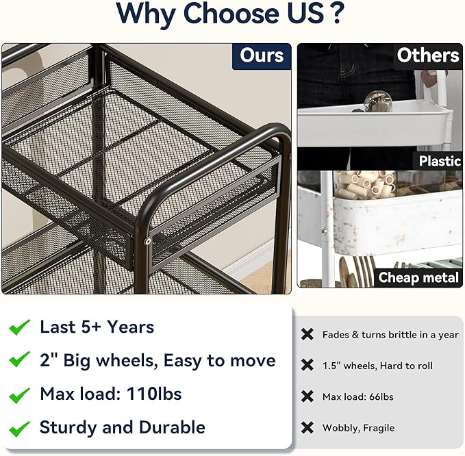 YASONIC 3 Tier Rolling Cart – Metal Utility Storage Carts - Image 3
