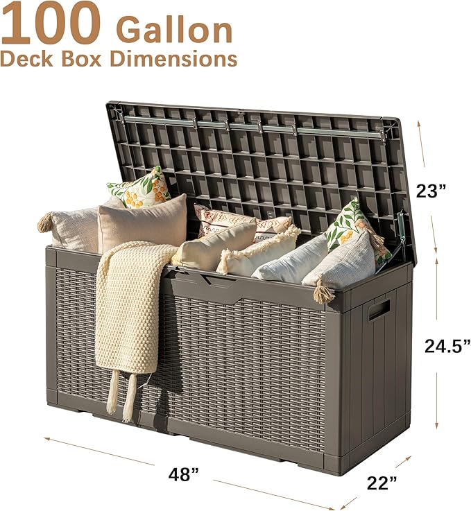 Devoko 97 Gallon Deck Box, Waterproof Resin Outdoor Storage Box for Outside and Patio, Large Outdoor Storage Bench Cabinet Lockable for Patio Furniture, Garden Tools and Pool Supplies (Brown) - Image 4