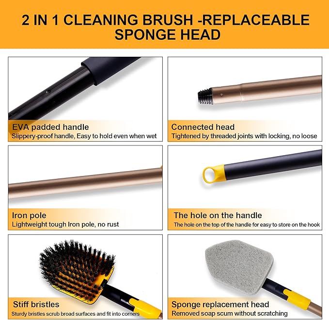 Yocada Tub Tile Scrubber Brush 2 in 1 Cleaning Brush 58.2 Inch Adjustable - Image 4