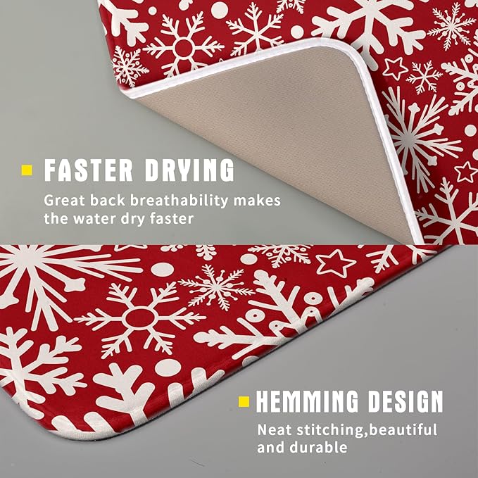 Christmas Dish Drying Mat for Kitchen Counter 16x18 Dark Red Snowflake Winter - Image 3