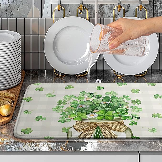 St Patricks Day Shamrock Dish Drying Mat Green Spring Kitchen Dishes Drying Pad - Image 4