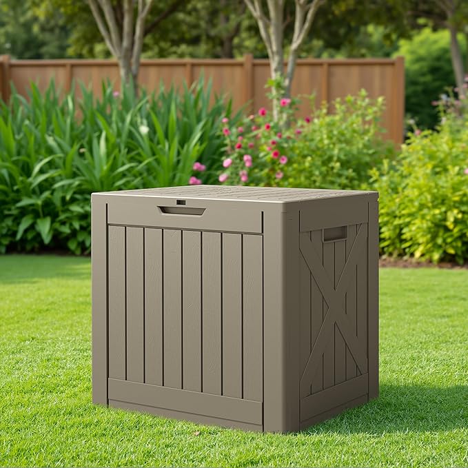 JUMMICO 42 Gallon Deck Box Waterproof, Resin Outdoor Storage Box with Side Handles, Outdoor Storage Benches Lockable for Patio Cushions and Garden Tools (Light Brown) - Image 6
