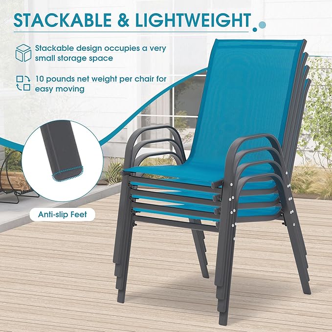 Outdoor Stackable Chairs Set of 6, Stacking Patio Chairs with Textilene Fabric, Outside Furniture for Garden Backyard Balconie Poolside Deck, Blue - Image 4