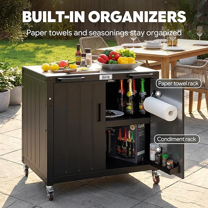 Outdoor Grill Cart with Storage Cabinet and Stainless Steel Top, 35-Inch Outdoor Grill Station with Door, Modular Kitchen Island for Food Prep and BBQ, Black & Silver - Image 7