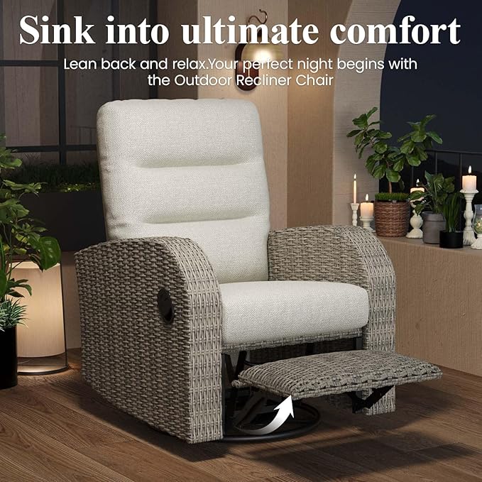 LayinSun Oversized Wicker Outdoor Swivel Glider Recliner with Adjustable Backrest & Footrest, Patio Reclining Lounge Chair - Set of 2 - Image 3