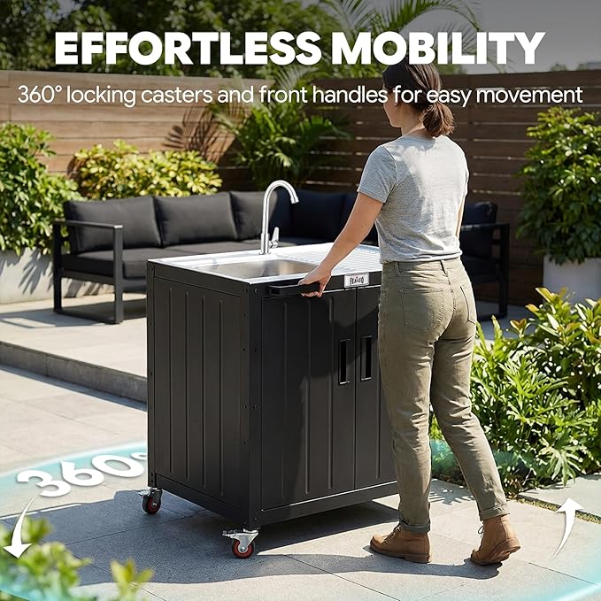 Outdoor Kitchen Island with Stainless Steel Sink and Storage Cabinet, 35-Inch BBQ Prep Station with Faucet & Lockable Wheels for Patio, Backyard, and Outdoor Cooking, Black & Silver - Image 8