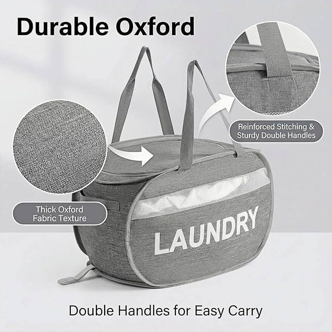 Foldable Laundry Basket with Lid, Oxford Cloth Reinforced Steel Ring - Image 3