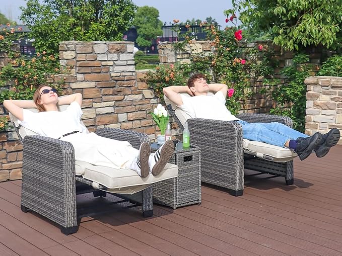 Restland Outdoor Recliner with Independent Adjustable Back & Footrest Wicker Patio Reclining Chair with Flip Table Comfortable Lounge Chair & Thick Cushion for Deck, Porch (3 Piece, Beige) - Image 3