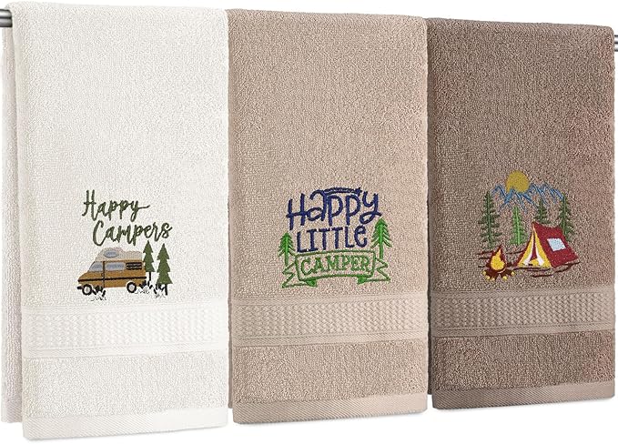 Kitchen 3 Pcs Camping Themed Hand Towels Embroidered Happy Camping Bathroom by Unknown