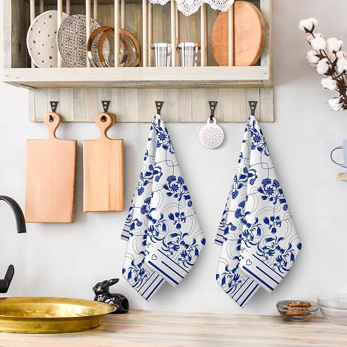 Blue Kitchen Towels Decorative Set of 2, Absorbent Boho Floral Dish Towels - Image 3