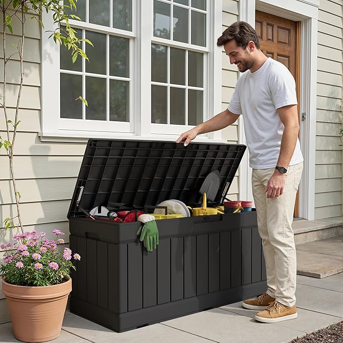Devoko 78 Gallon Deck Box, Waterproof Resin Outdoor Storage Box for Outside and Patio, Outdoor Storage Bench Lockable for Patio Furniture, Garden Tools and Pool Supplies (Black, 78 Gallon) - Image 6