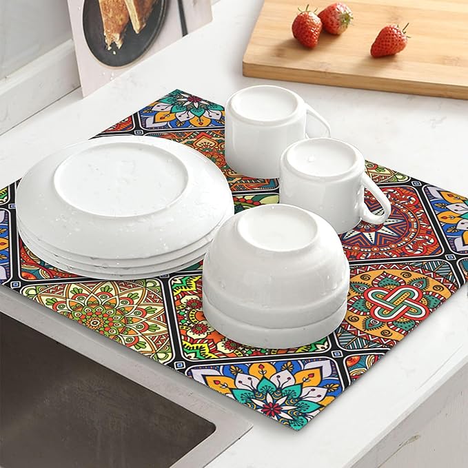 Mandala Colorful Kitchen Drying Mat Retro Microfiber Dish Drainer Mat - Image 2