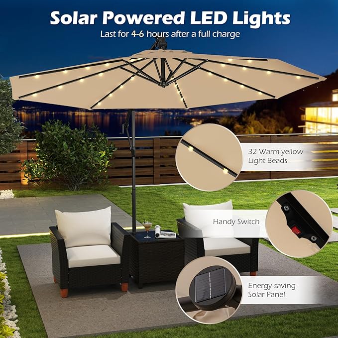 Tangkula 10ft Solar LED Patio Umbrella with Base, Offset Cantilever Outdoor Umbrella with 32 LED Lights, Infinite Tilt, 360 Degree Rotation, Crank Handle for Pool Deck Garden Backyard (Beige) - Image 6