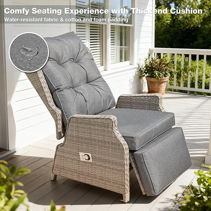 Outdoor Recliner with Adjustable Back and Footrest, Patio 150° Lay Flat Recliner with Flip Table Wicker Reclining Lounge Chair, Grey with Beige Wicker 2PCS - Image 4