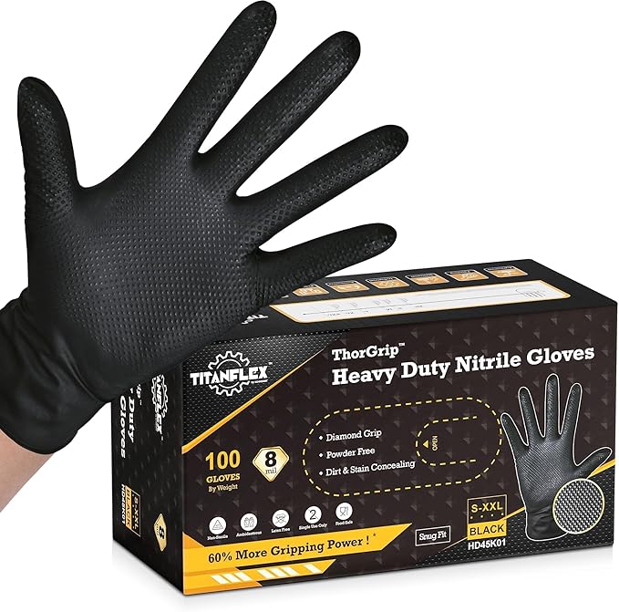 TitanFlex Heavy Duty Black Industrial Nitrile Gloves by TitanFlexDisposableGloves