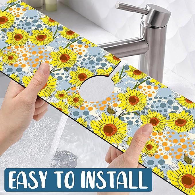 Watercolor Sunflowers Sink Splash Guard Faucet Mat Sunflowers Polka Dots Super - Image 5