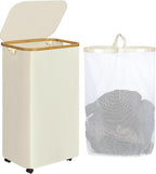 Laundry Basket with Wheels, 110L Beige Clothes Hamper by iEGrow