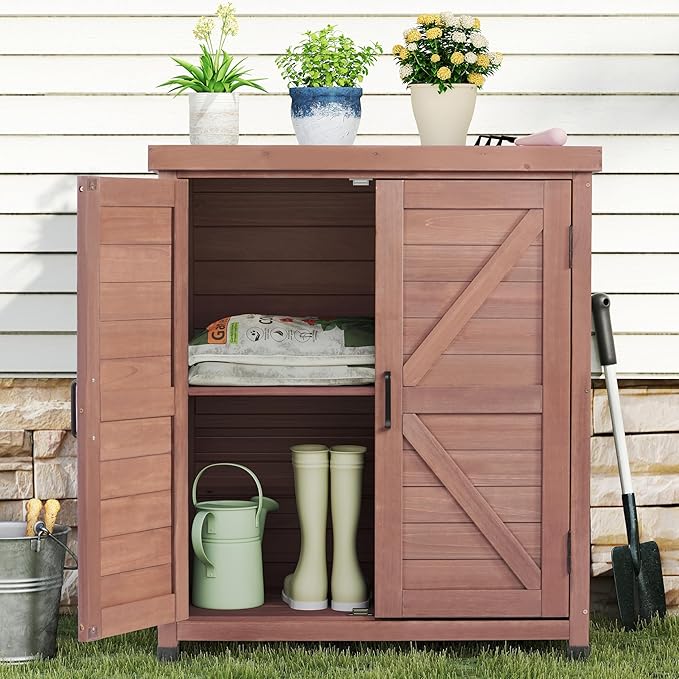 Outdoor Storage Cabinet & Potting Bench Table with Metal Top, Wooden Patio Furniture, Garden Workstation (Royal Brown, 36x31x17in) - Image 9