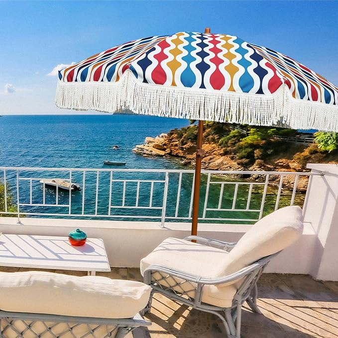 AMMSUN 7ft Patio Umbrella with Fringe Outdoor Tassel Umbrella UPF50+ Premium Steel Pole and Ribs Push Button Tilt, Wave Colorful - Image 5