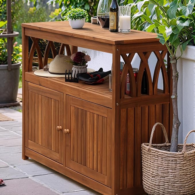 Flamaker Outdoor Storage Cabinet Weatherproof Acacia Wood Outdoor Cabinet with 2 Magnetic Doors Used for Outdoor Storage, Buffet Cabinet, TV Stand, Bar Table, Potting Table (Brown) - Image 6