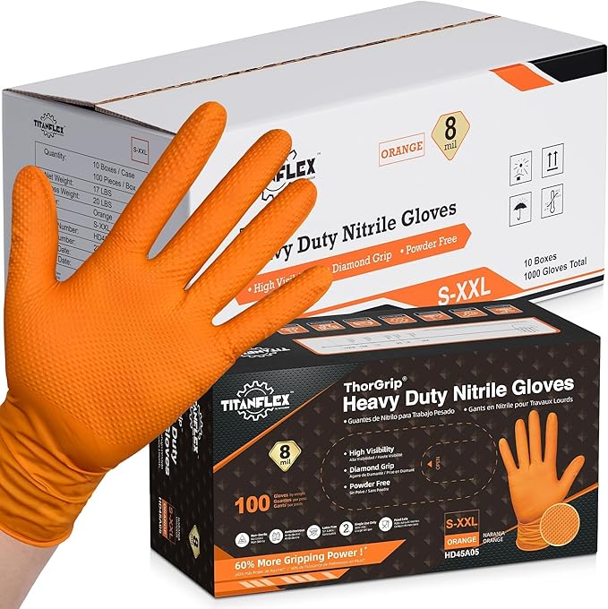 TitanFlex Heavy Duty Orange Industrial Nitrile Gloves by TitanFlexDisposableGloves